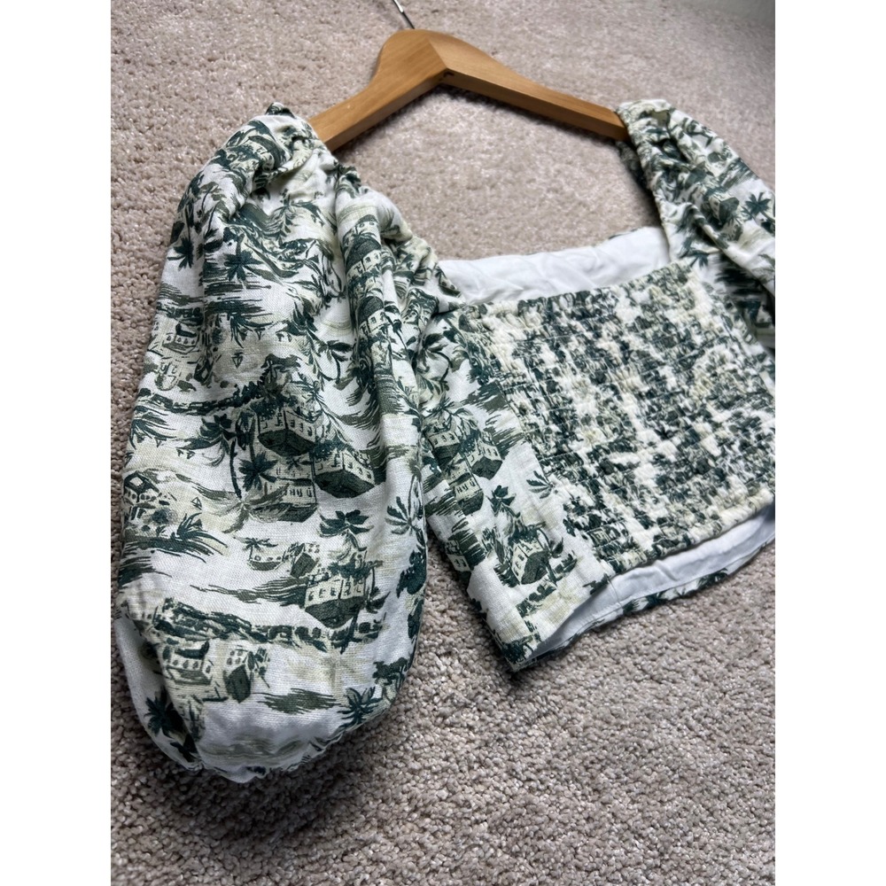 Abercrombie Fitch Smocked Square Neck Crop Top NWT Puff Sleeve Linen Tropical XS - Picture 9 of 10